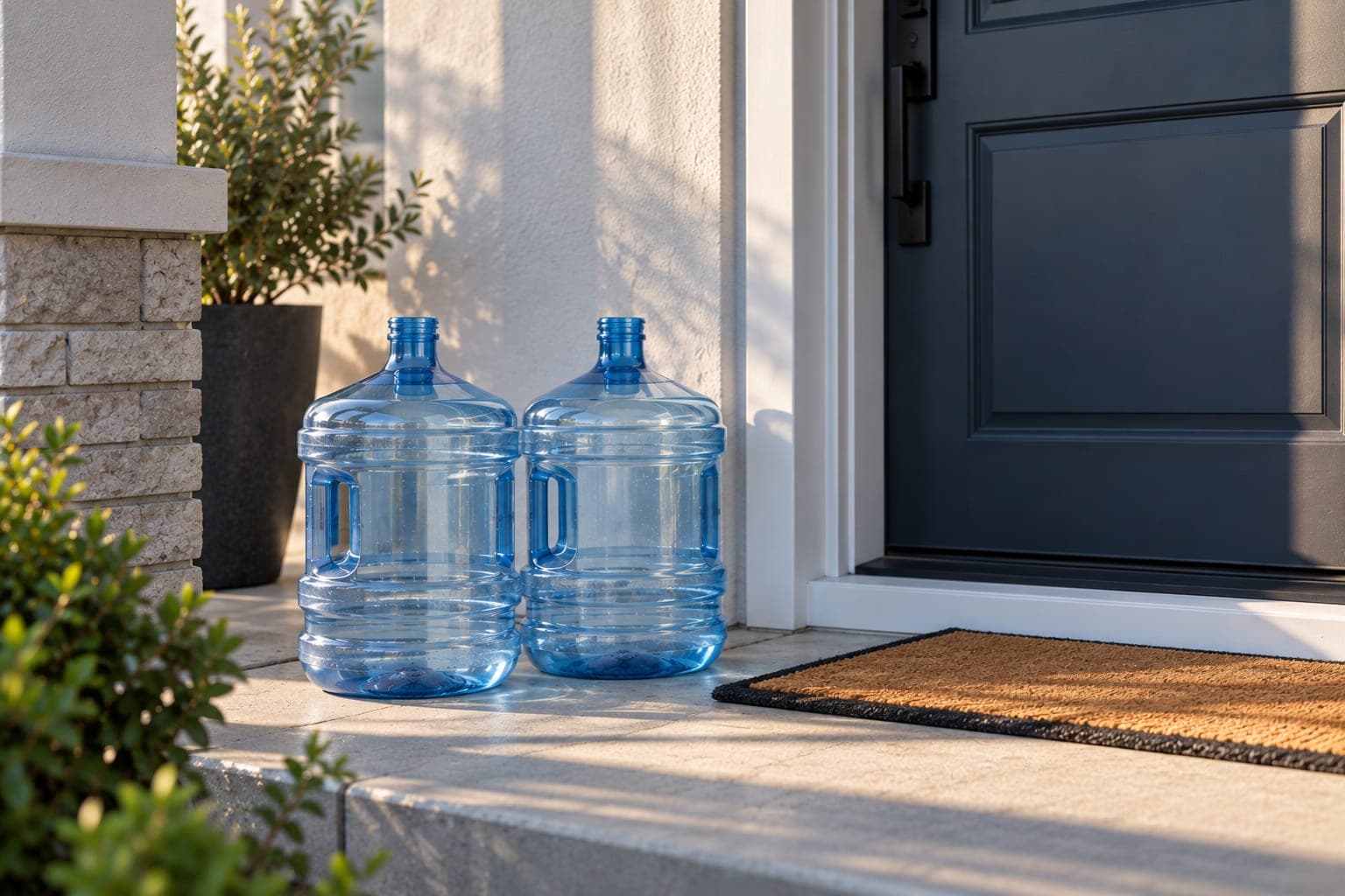 Empty five-gallon water bottles set out for exchange beside a home entrance