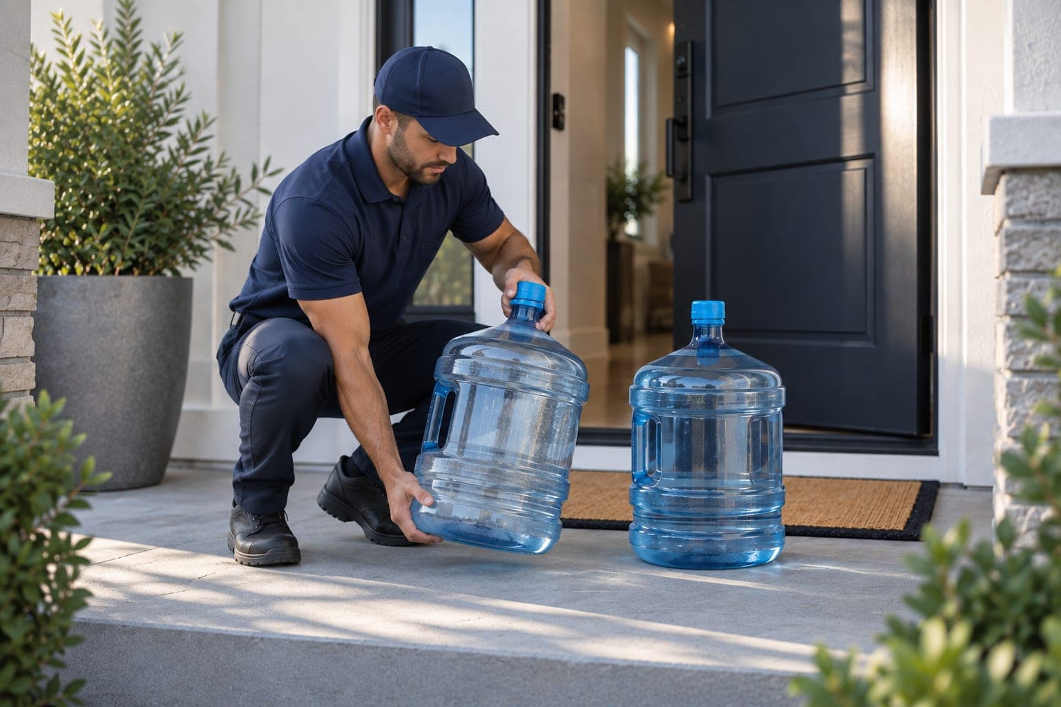 A delivery driver exchanging empty five-gallon water jugs for sealed full bottles at a residential entrance