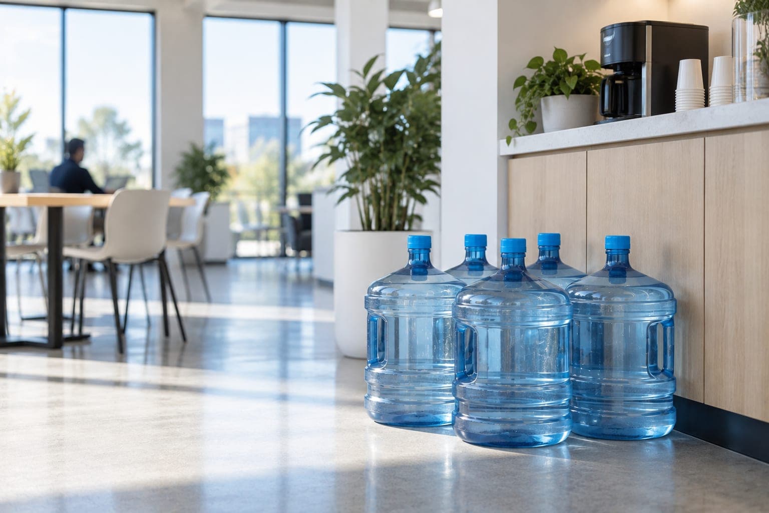 Five-gallon purified water bottles delivered to a bright office break area