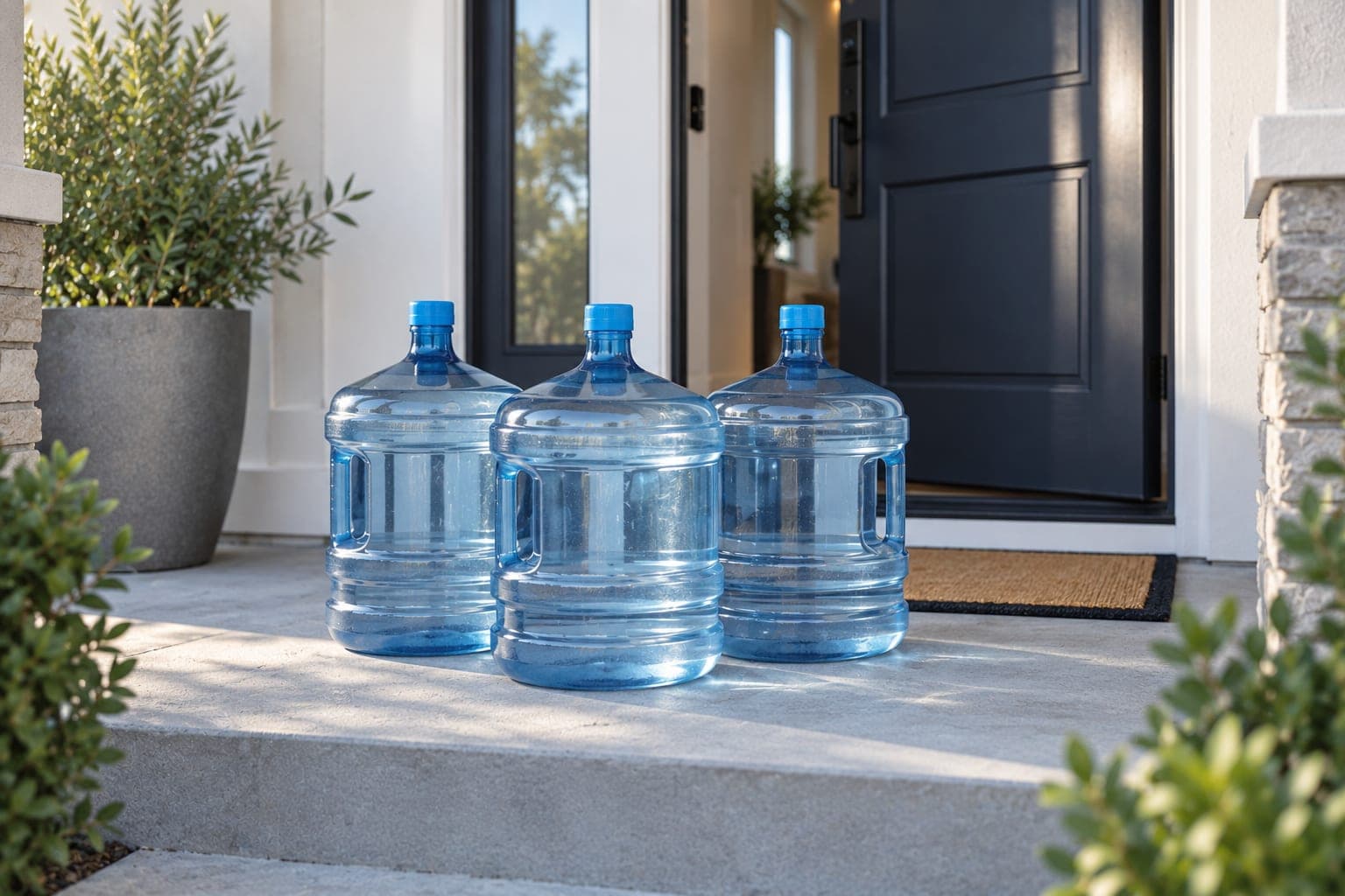 Sealed five-gallon water bottles set beside the front door of a home after a residential water delivery