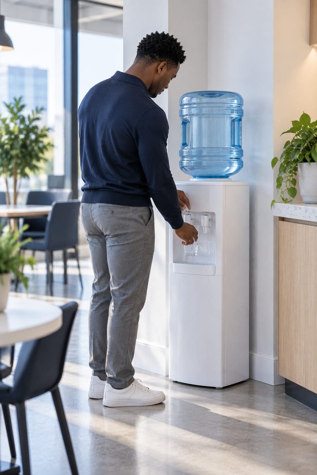 A water cooler with a five-gallon bottle installed in an office break area